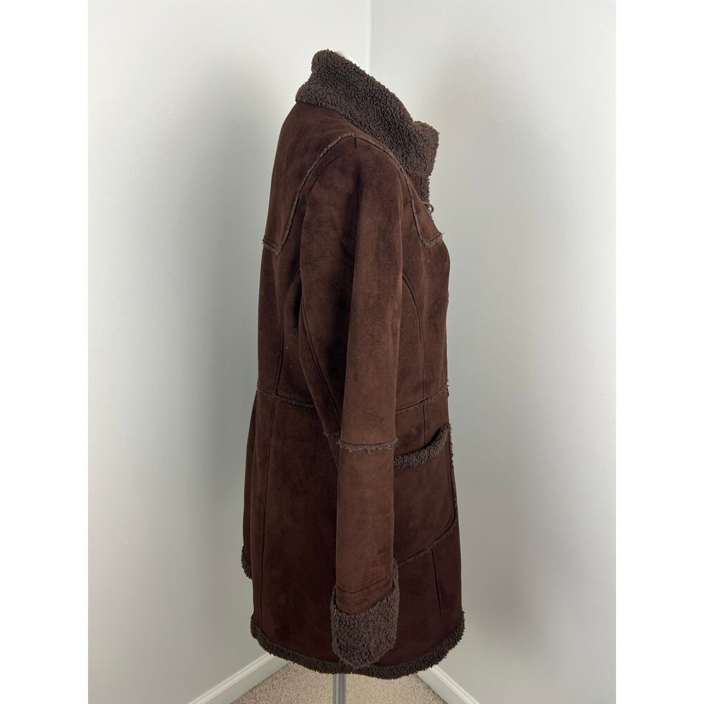 Vintage Talbots Chocolate Brown Faux Fur Trim Suede Toggle Coat Petite Large - Picture 2 of 8